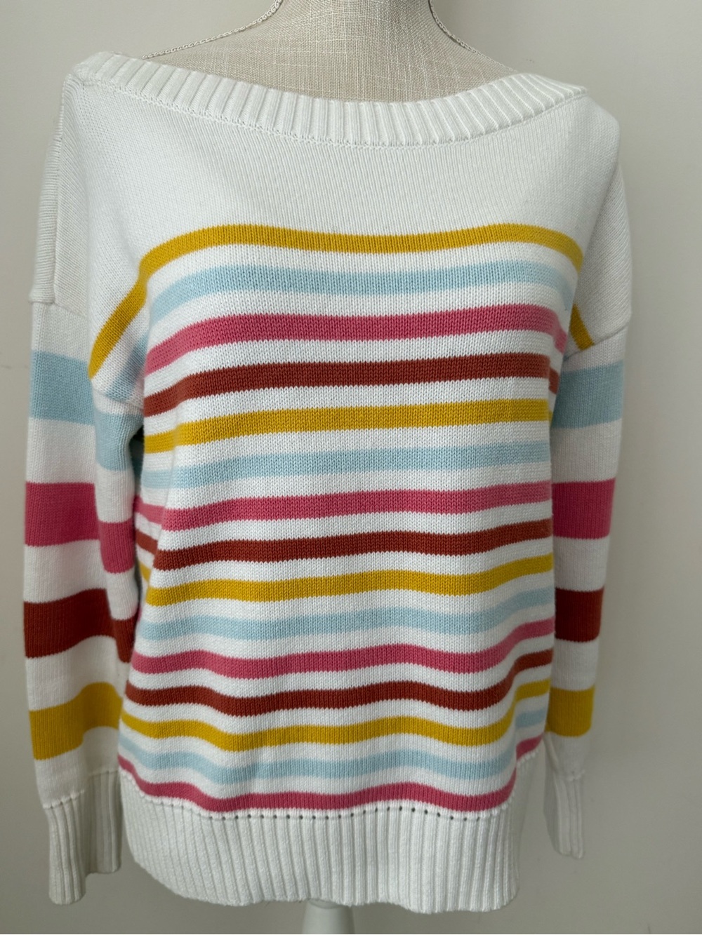GAP Off-the-Shoulder Cream Sweater with Multicolor Stripes - Picture 2 of 9